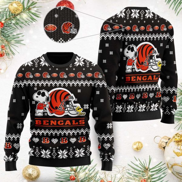 Cincinnati Bengals Cute The Snoopy Show Football Helmet Black Ugly Christmas Sweater