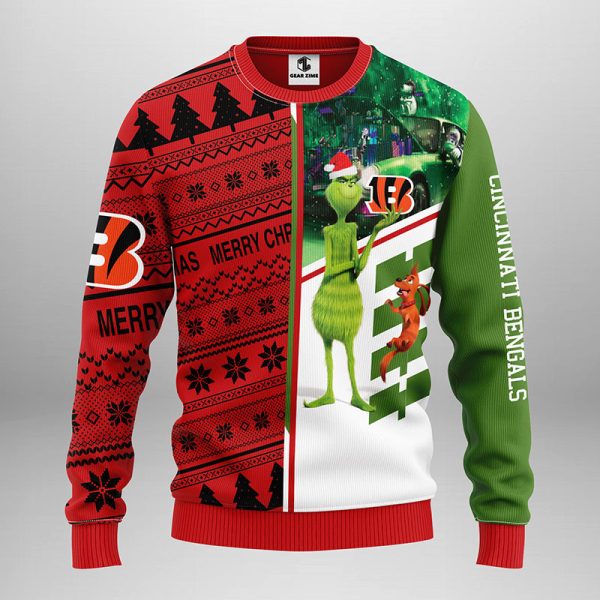 Cincinnati Bengals Funny Grinch And His Dog Max Christmas Ugly Sweater – Bengals Christmas Sweater