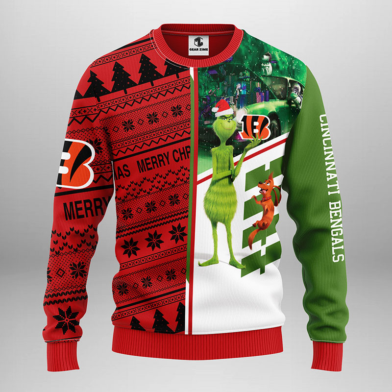 Cincinnati Bengals Funny Grinch And His Dog Max Christmas Ugly Sweater - Bengals Christmas Sweater