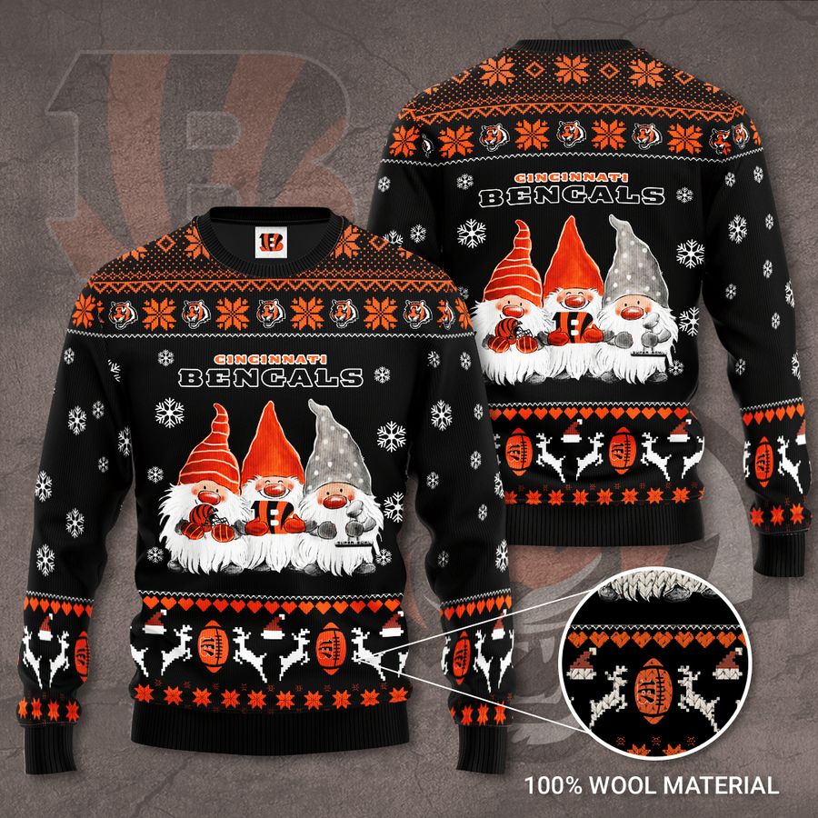 Cincinnati Bengals Gnome de Noel Black Christmas Ugly Sweater - Bengals Ugly Christmas Sweater