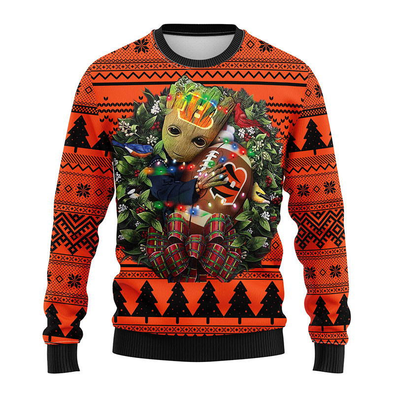 Cincinnati Bengals Groot Hug American Football Christmas Ugly Sweater - Bengals Ugly Christmas Sweater