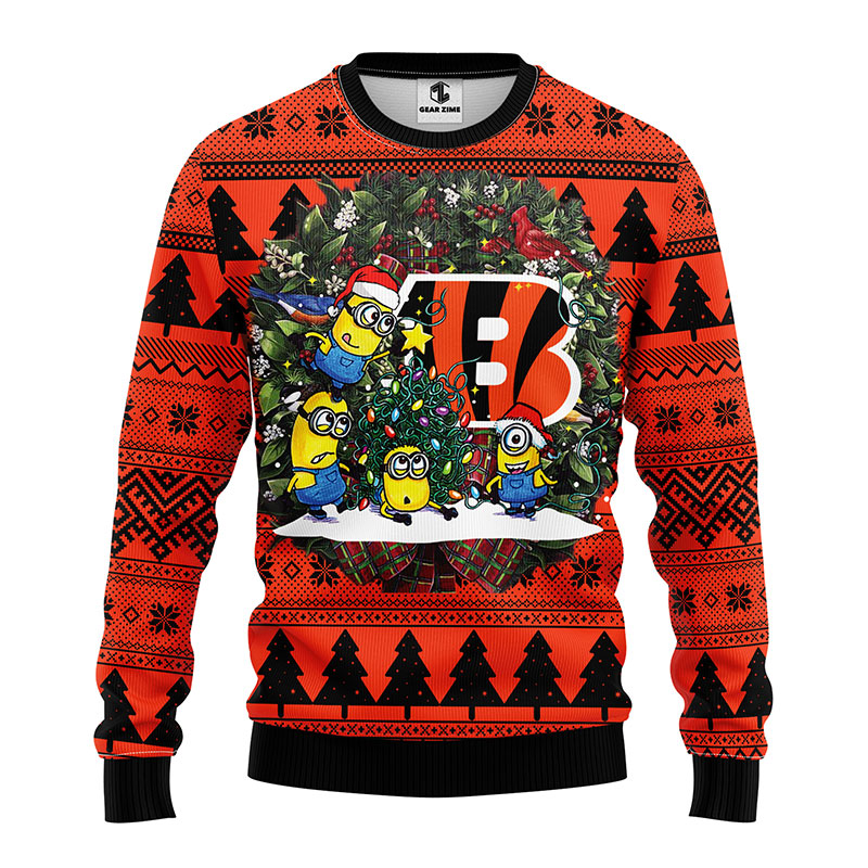 Cincinnati Bengals Minion Christmas Wreath Ugly Sweater - Bengals Christmas Sweater