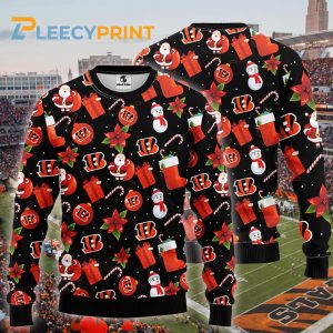 Cincinnati Bengals Santa Claus Snowman Christmas Candy Pattern Ugly Sweater Bengals Christmas Sweater 1