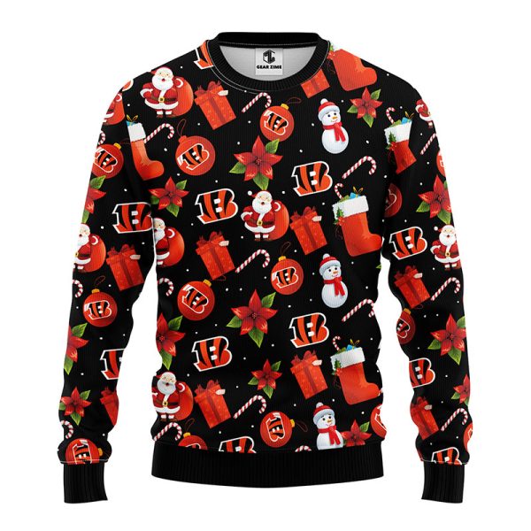 Cincinnati Bengals Santa Claus Snowman Christmas Candy Pattern Ugly Sweater – Bengals Christmas Sweater