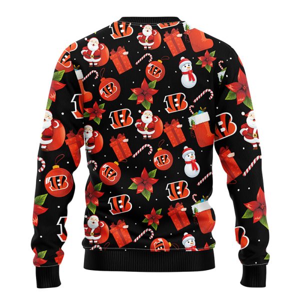 Cincinnati Bengals Santa Claus Snowman Christmas Candy Pattern Ugly Sweater – Bengals Christmas Sweater