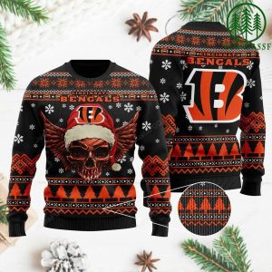 Cincinnati Bengals Skull Santa Hat NFL Ugly Sweater – Cincinnati Bengals Ugly Sweater
