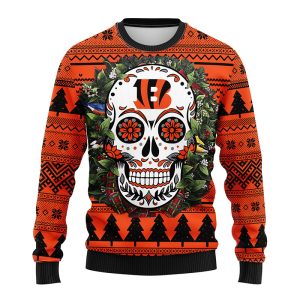 Cincinnati Bengals Sugar Skull NFL Ugly Christmas Sweater Bengals Ugly Sweater 2