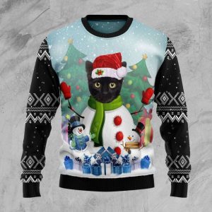 Cute Snowman Black Cat Ugly Christmas Sweater