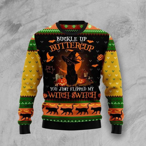 Halloween Buckle Up Butter Cup Black Cat Ugly Sweater