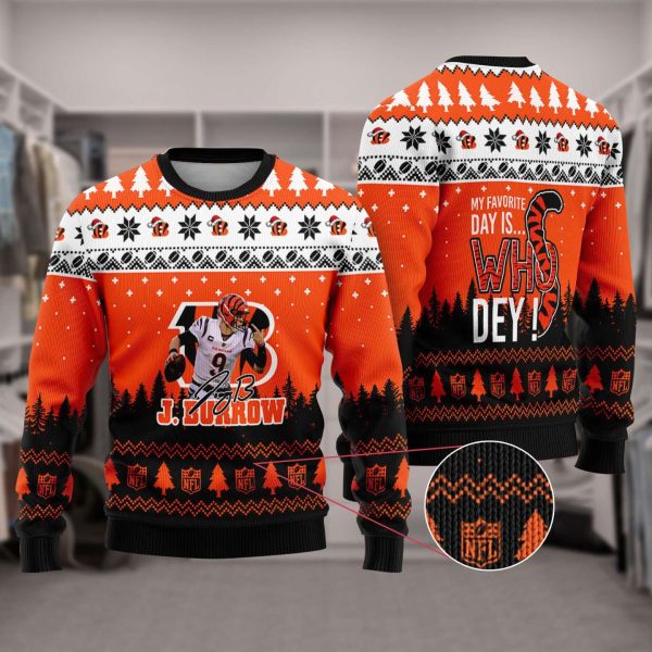 Joe Burrow #9 Super Bowl My Favorite Day Is Whoo Dey Christmas Sweater – Cincinnati Bengals Ugly Sweater