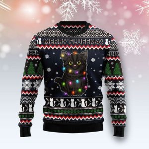 Merry Fluffmas Black Cat Ugly Christmas Sweater