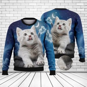 Night Sky Cute Cat Ugly Christmas Sweater