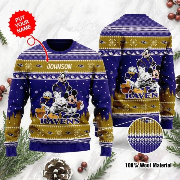 Personalized Baltimore Ravens Goofy Donald Mickey Disney Ugly Christmas Sweater