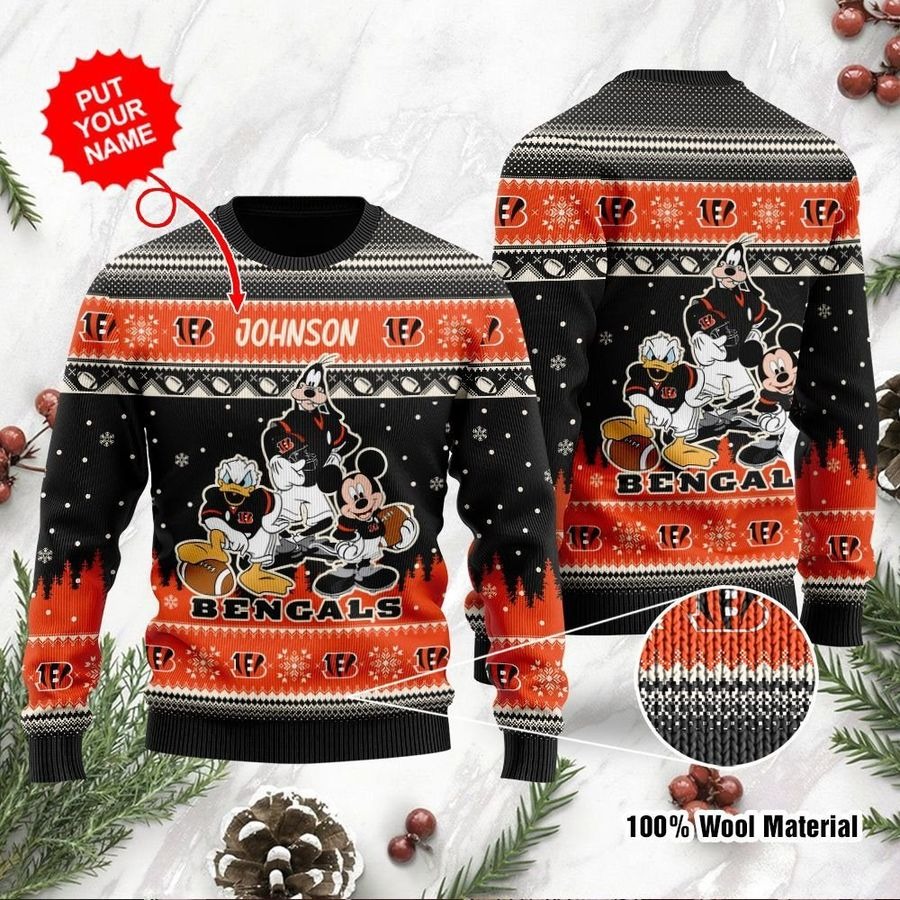 Personalized Cincinnati Bengals Donald Mickey Goofy Disney Christmas Sweater
