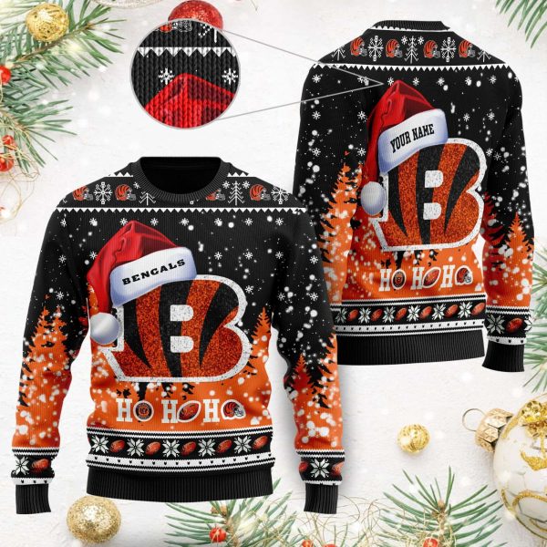 Personalized Cincinnati Bengals Symbol Wearing Santa Claus Hat Ho Ho Ho Ugly Christmas Sweater