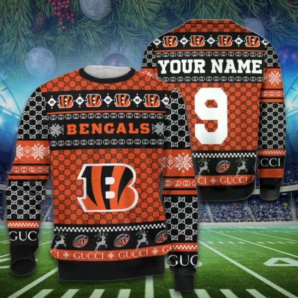 Personalized Cincinnati Bengals Ugly Christmas Sweater Shirt – Custom Name Number Cincinnati Bengals Ugly Sweater