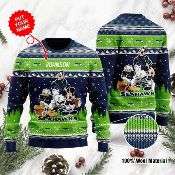 Personalized Seattle Seahawks Mickey Donald Goofy Disney Ugly Christmas Sweater