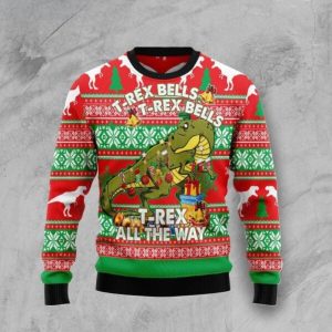 T-Rex Tree T-Rex Bells Dinosaur Christmas Sweater