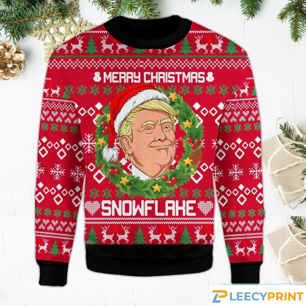 Trump Ugly Sweater Merry Christmas Snowflake Funny Laurel Wreath