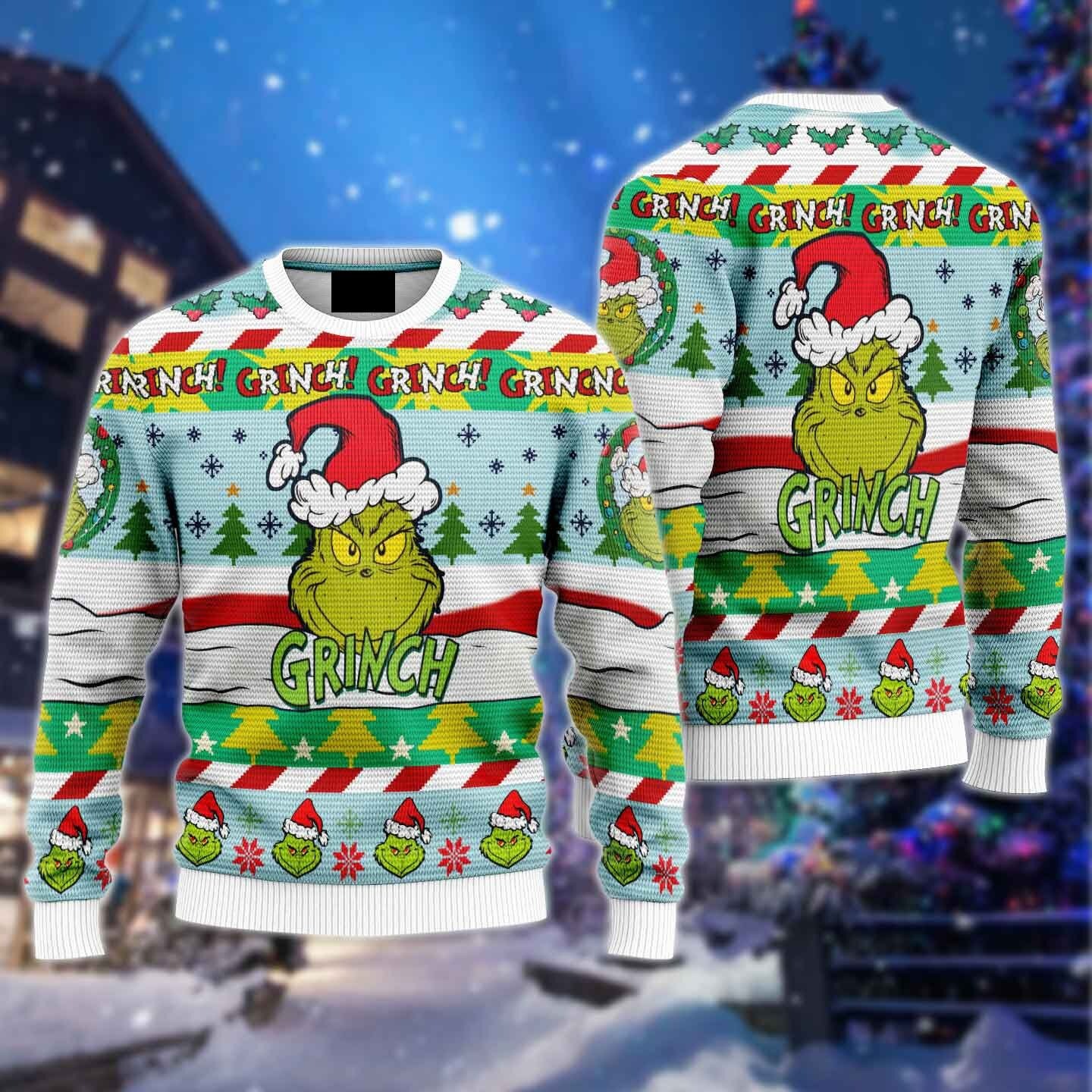 Ugly Grinch Christmas Sweater Santa Hat Funny