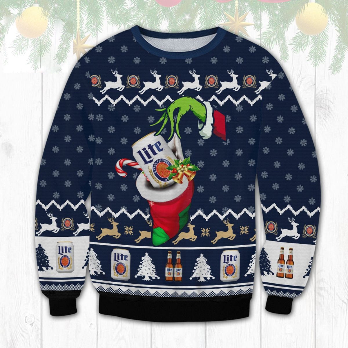Ugly Grinch Christmas Sweater The Hand Miller Lite Beer