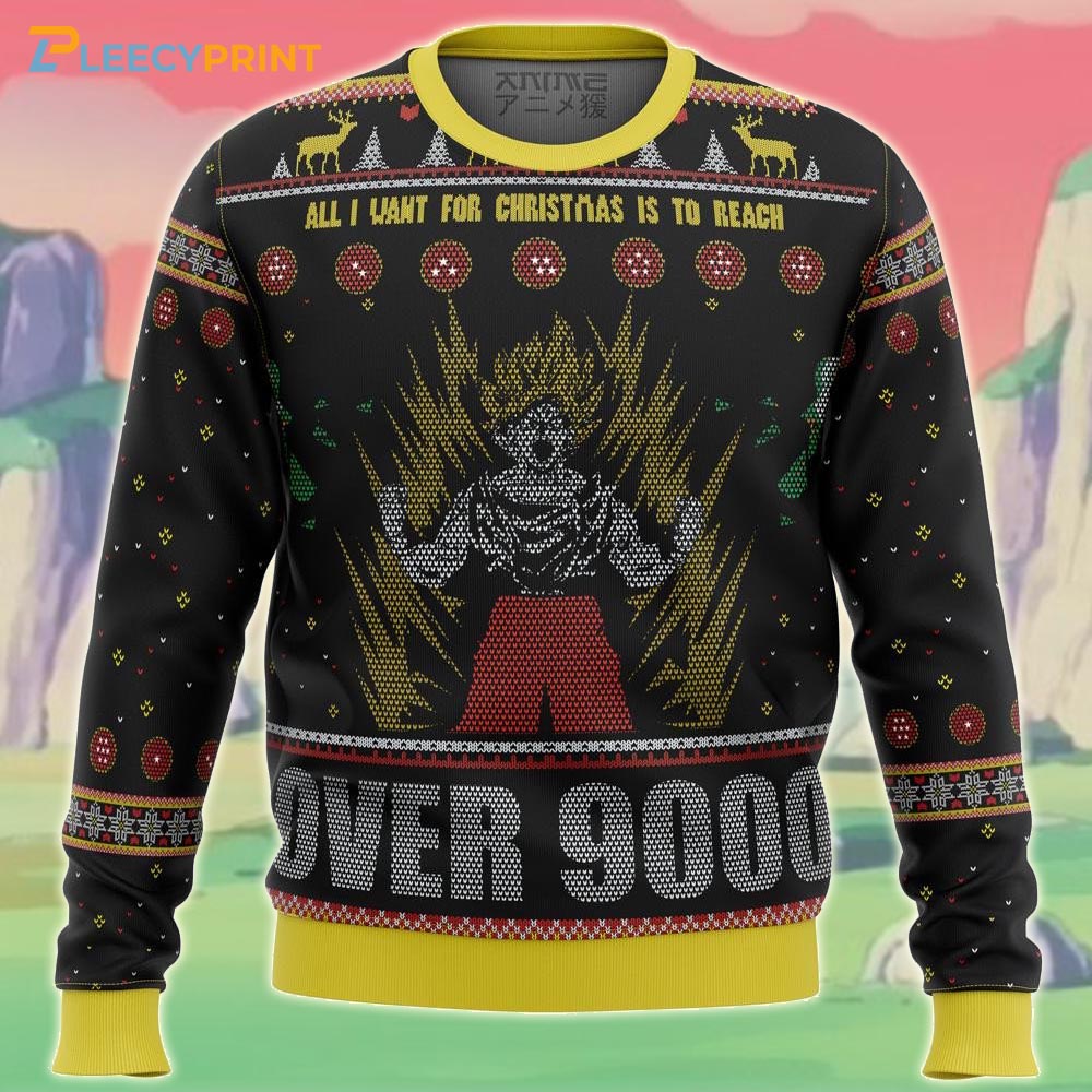 Goku All I Want For Christmas Is To Reach 9000 Dragon Ball Ugly Sweater - DBZ Ugly Sweater