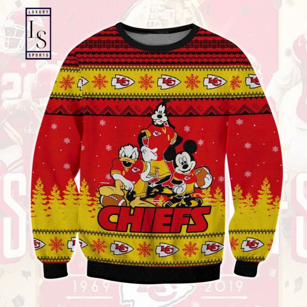 Kansas City Chiefs Mickey Donald Goofy Ugly Wool Sweater Christmas