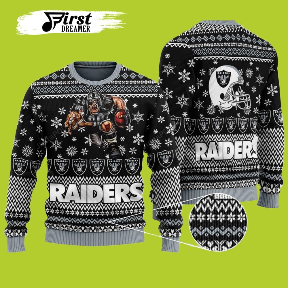 Las Vegas Raiders Player With Ball And Helmet Raiders Ugly Wool Sweater