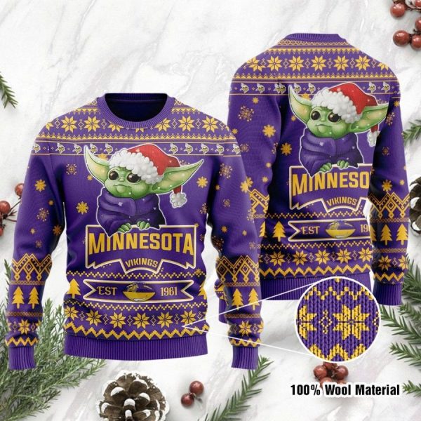 Minnesota Vikings Cute Baby Yoda Grogu Holiday Party Ugly Christmas Sweater