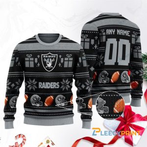 Personalized Las Vegas Raiders NFL Custom Name Number Black Christmas Sweater