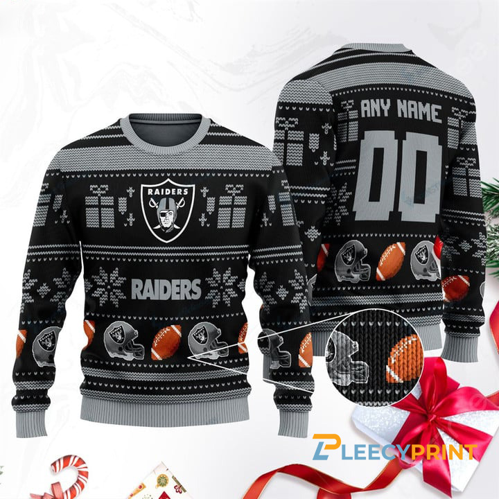 Personalized Las Vegas Raiders NFL Custom Name Number Black Christmas Sweater
