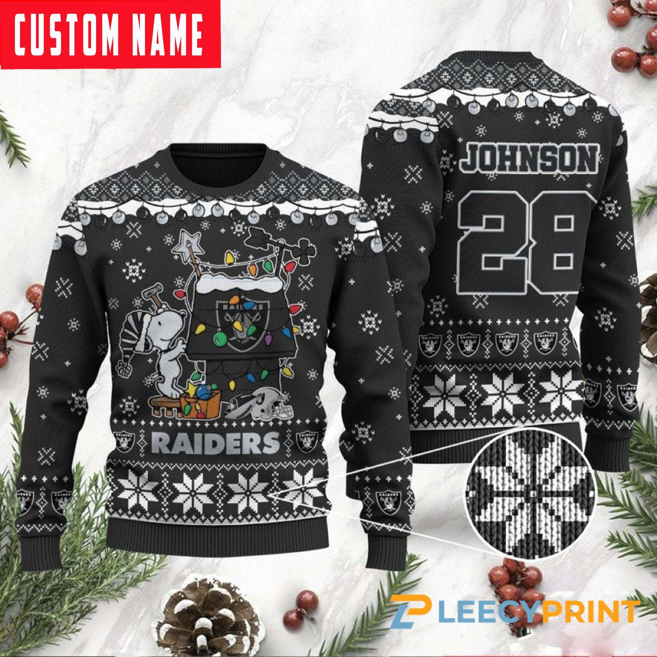 Personalized Raiders Fans Custom Name And Number Snoopy NFL Ugly Christmas Sweater