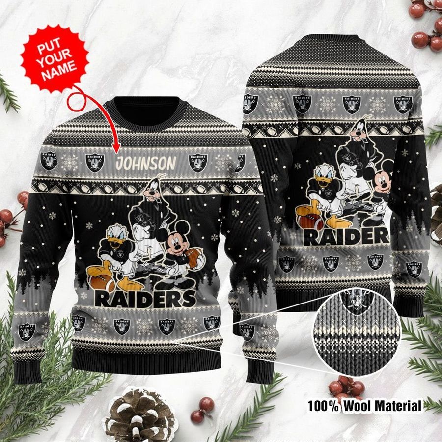 Raiders Disney Donald Duck Mickey Mouse Goofy NFL Personalized Christmas Ugly Sweater