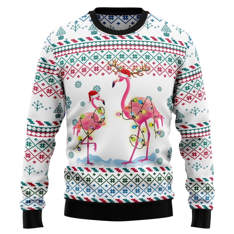 Flamingo Reunion Christmas Light White Ugly Christmas Sweater 1 1