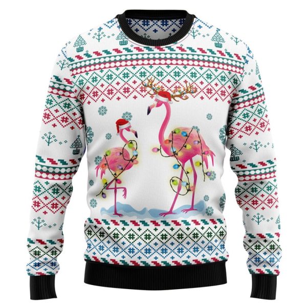 Flamingo Reunion Christmas Light White Ugly Christmas Sweater