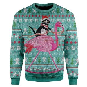 Ugly Christmas Cat And Flamingo Custom Sweater Apparel