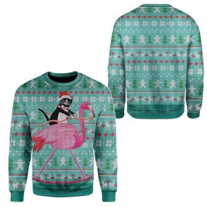 Ugly Christmas Cat And Flamingo Custom Sweater Apparel