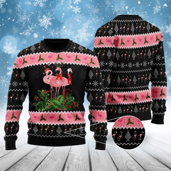 Womens Flamingo Christmas Sweater Black Christmas Hat