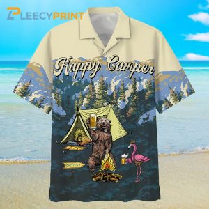 Happy Camper Bear & Flamingo Drinking Beer Camping Hawaiian Shirt