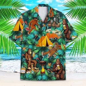 Vintage Camping Bigfoot Button Down Short Sleeve Shirt Hawaiian Shirt 1
