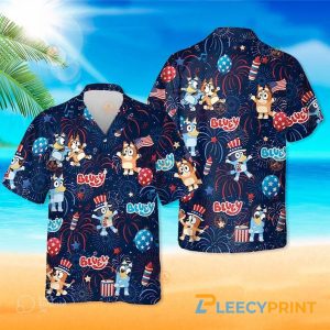 Bluey Hawaiian Shirt Bluey 4Th Of July Summer Family Navy Hawaiian Shirt