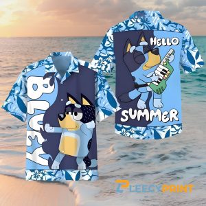 Bluey Hello Summer Hawaiian Shirts, Blu-ey Cartoon Kids Hawaiian TShirt