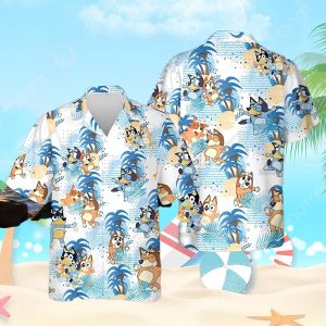 Bluey Summer Family Hawaiian Shirt, Bluey and Bingo Beach Hawaiian Shirt, Bandit Heeler Chilli Heeler Hawaii Shirt