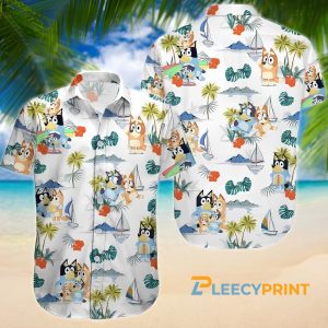 Bluey Summer Family Hawaiian Shirt, Bluey and Bingo Beach White Hawaiian Shirt