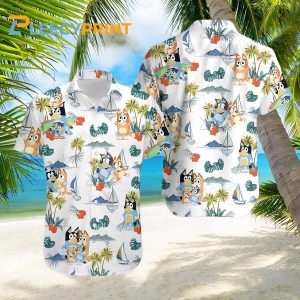 Bluey Summer Family Hawaiian Shirt Bluey and Bingo Beach White Hawaiian Shirt 2